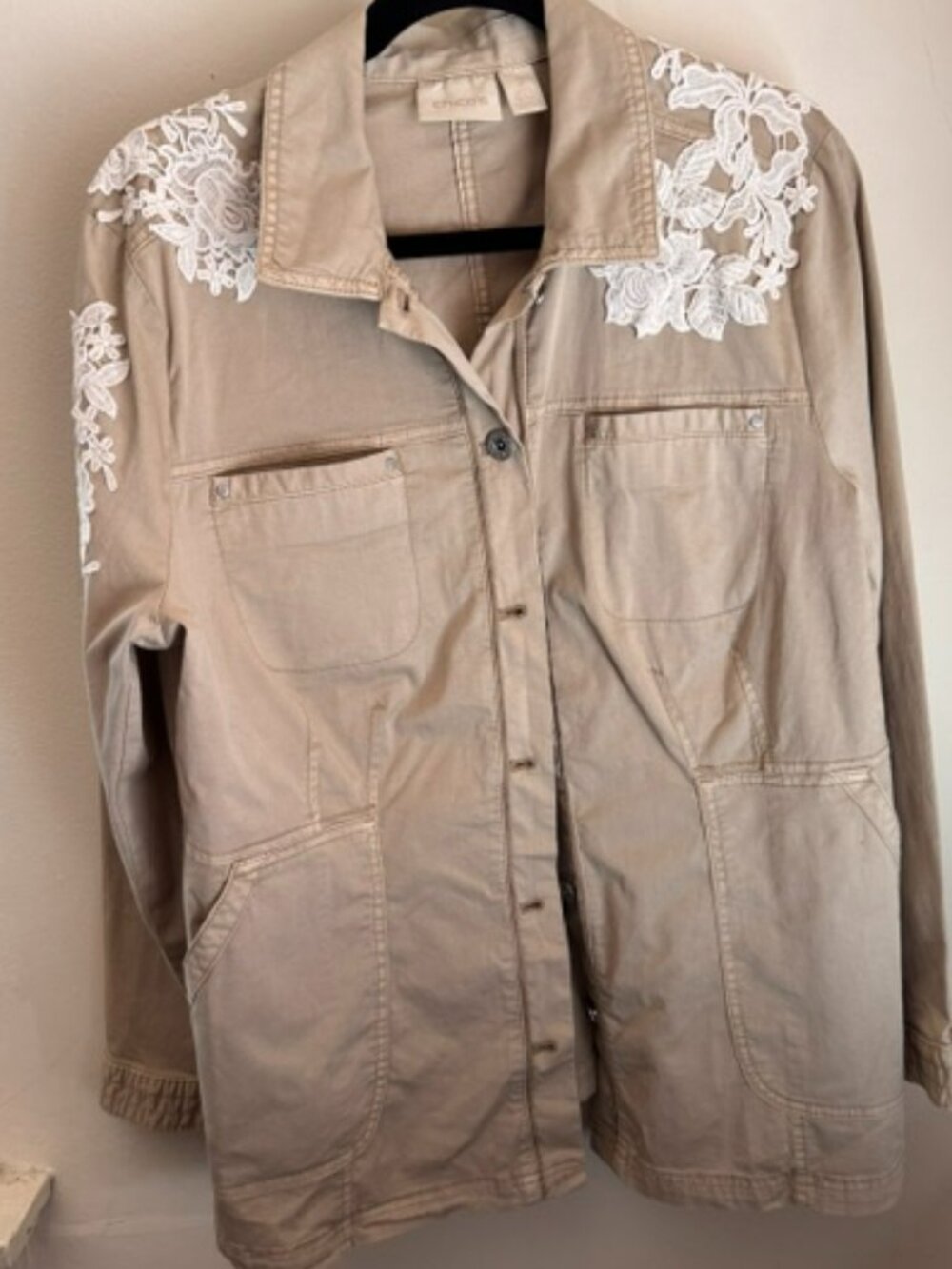 Chico's Beige Utility Jacket w/Lace Applique